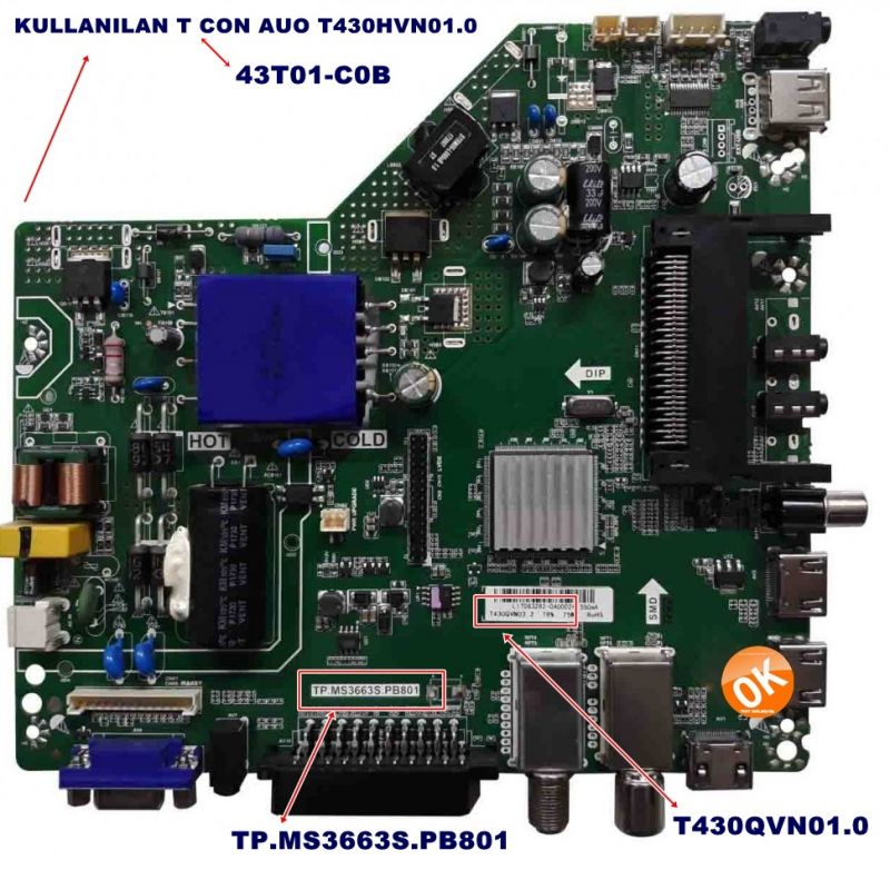 TP.MS3663S.PB801 , T430QVN01.0 ,T430QVN03.2 , AWOX 43110 MAIN BOARD